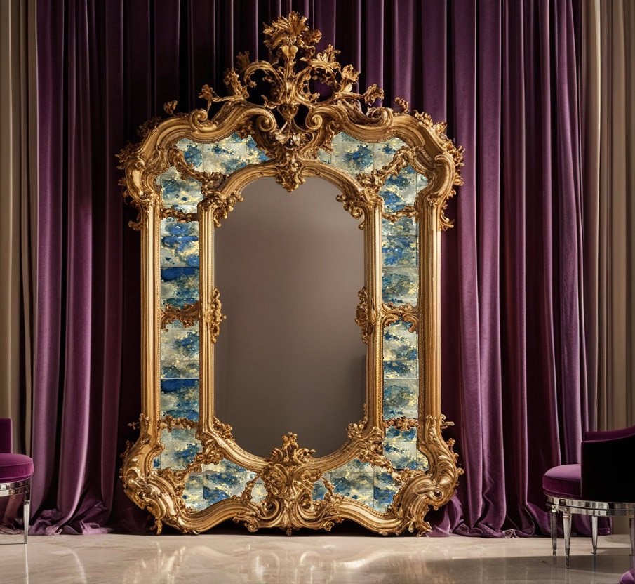 A grand antique mirror with an ornate golden frame and panels featuring golden and blue square designs, styled by D&E Decor.