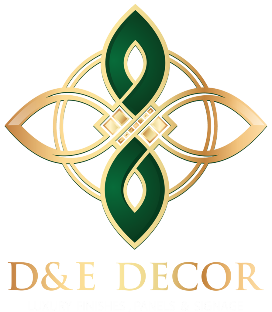 D&E Decor logo featuring a green and gold Celtic-inspired design symbolizing luxury craftsmanship and bespoke interiors