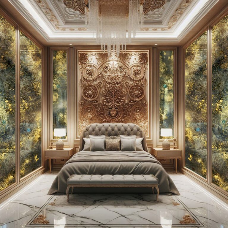 ntique mirror walls with golden accents designed by D&E Decor, complementing a luxurious bedroom with ornate wall panels and premium finishes.