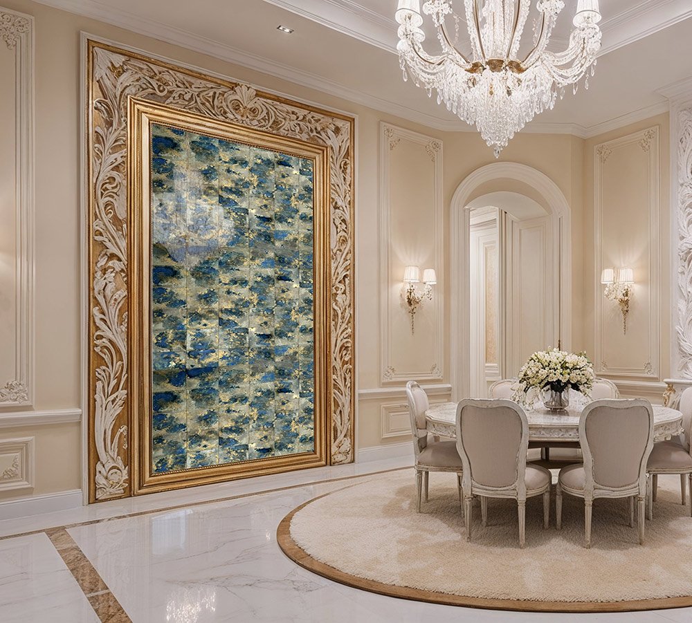 A stunning dining room featuring an antique mirror with golden blue patina squares and an ornate golden frame, designed by D&E Decor.