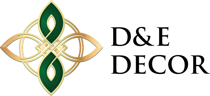 D&E Decor official logo featuring a green and gold Celtic-inspired design, symbolizing luxury, craftsmanship, and timeless elegance.