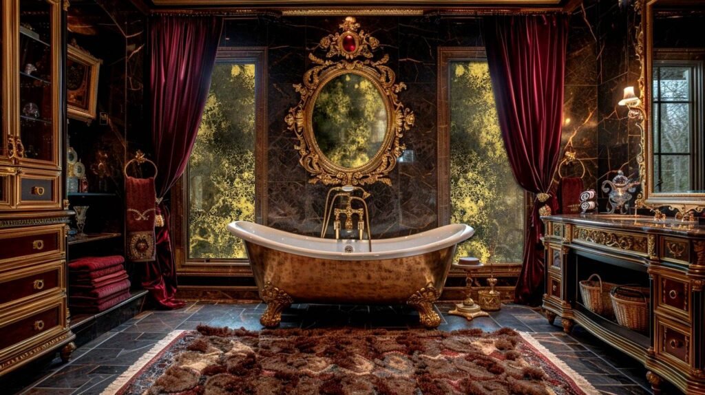 Luxurious gold bathroom interior featuring antique mirrors, a freestanding gold bathtub, and elegant décor by D&E Decor