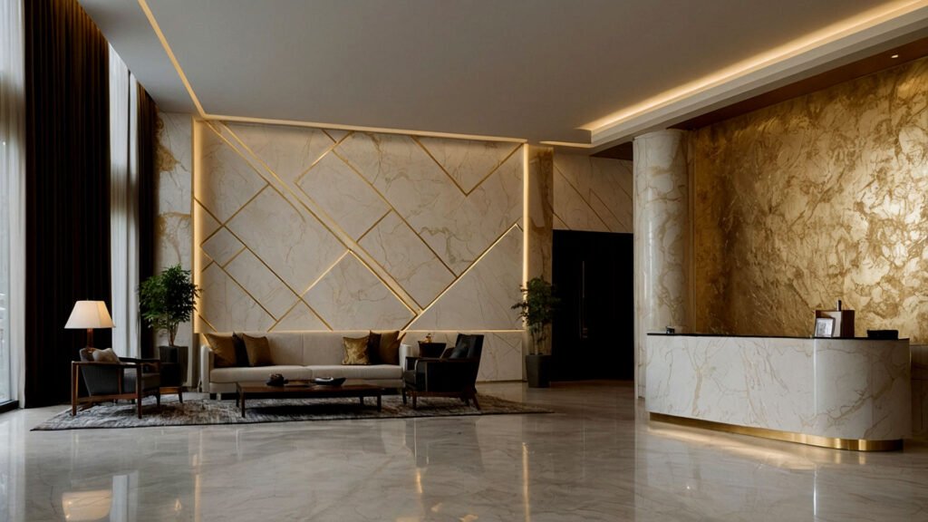 Golden polished plaster and marbled feature wall in a luxurious lobby setting, with modern furniture and elegant lighting.