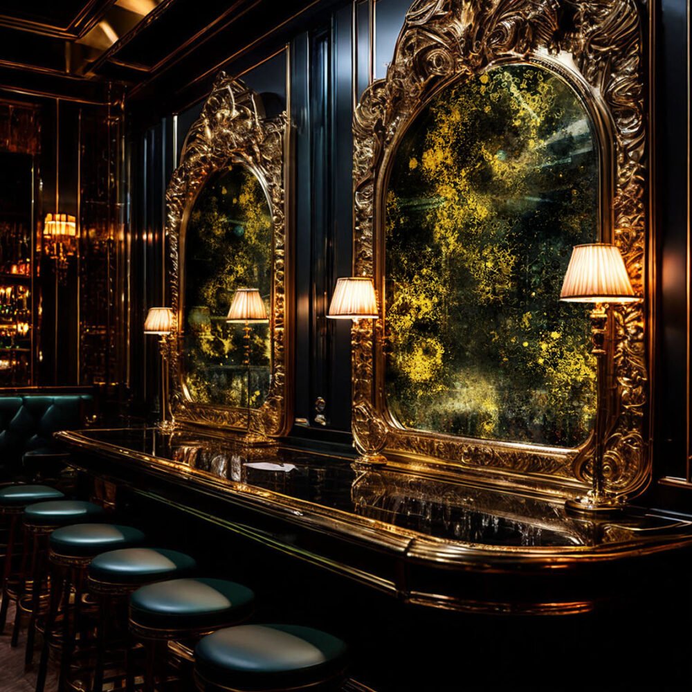 Elegant custom antique mirrors with ornate gold frames designed by D&E Decor, adding sophistication to a high-end nightclub interior.