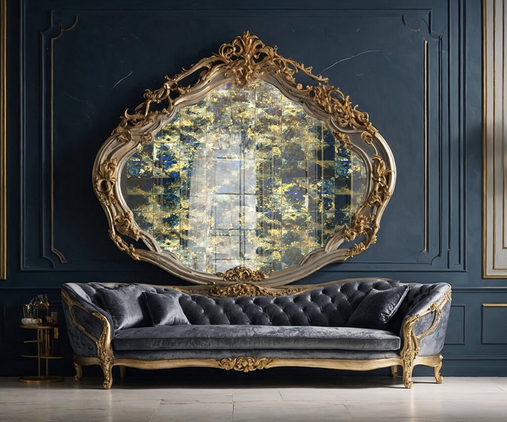 Exquisite antique mirror with a golden ornate frame, reflecting a luxurious living room interior featuring a plush navy tufted sofa, designed by D&E Decor.